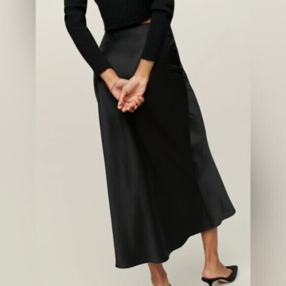 NEW Reformation Layla Silk Midi Skirt Elastic Waist in Black | US 4 UK 8 - Picture 4 of 10